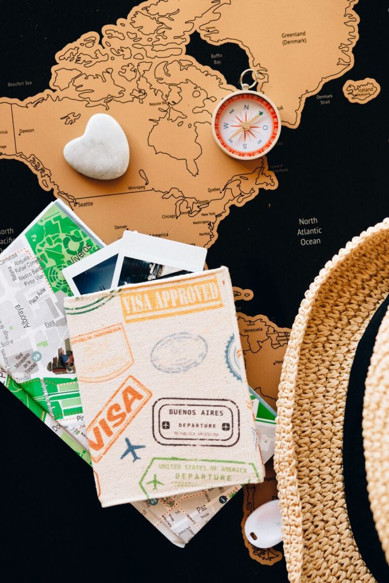 passport and compass on top of maps